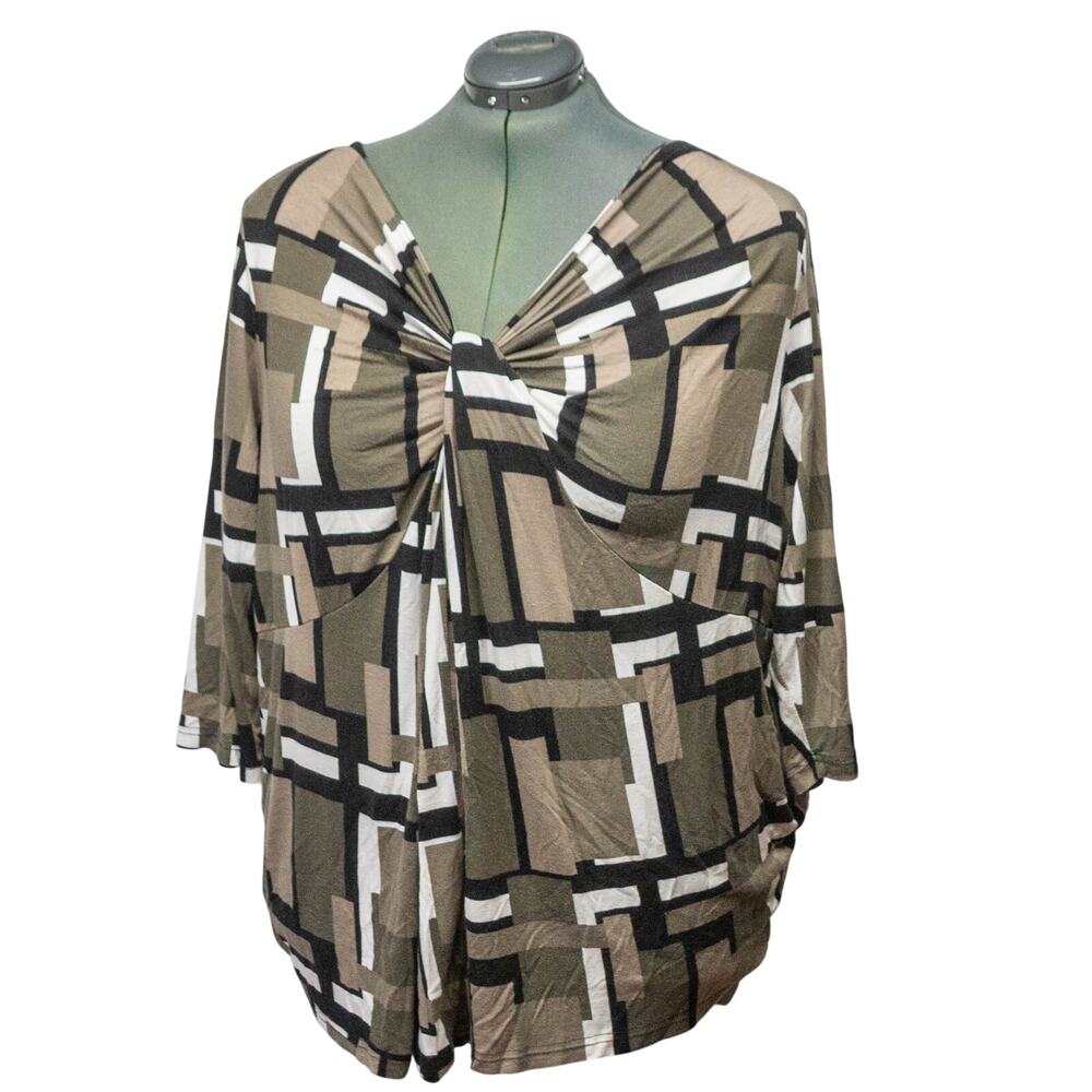 ELLOS Plus Size 3X Knot Front Tunic Top V-Neck Geometric Black Brown Sugar Geo
